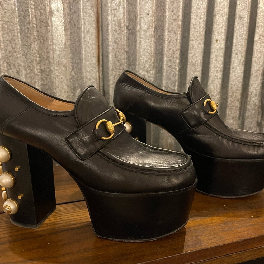 Gucci Black Platform Loafers with Gold and Pearl Accents